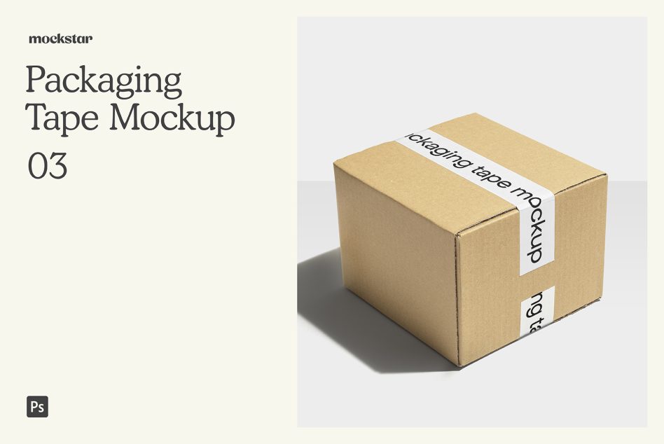 Kraft shipping box with white tape band across top showing reversed text
